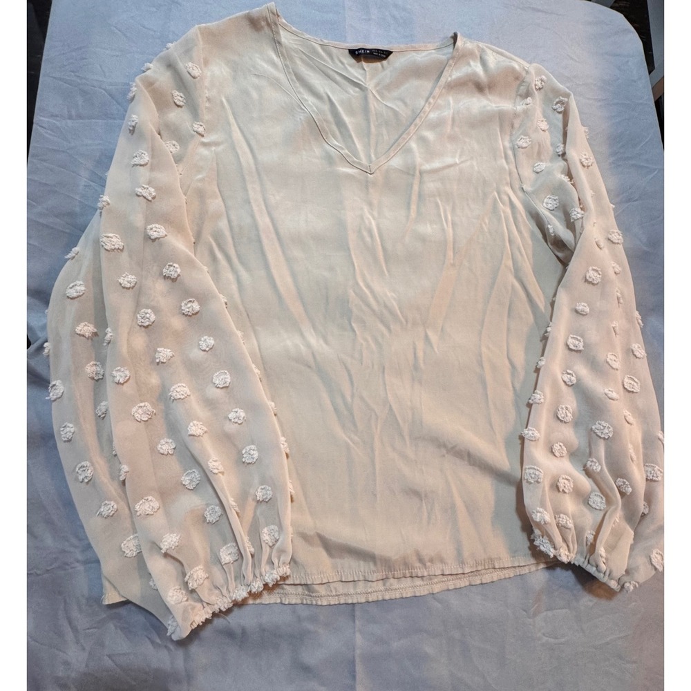 SHEIN Women XL Beige V-Neck Swiss Dot Long Sleeve Blouse Champagne Top